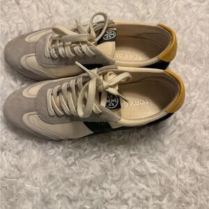 Tory Burch Cream and Gray Sneakers with Yellow Detail